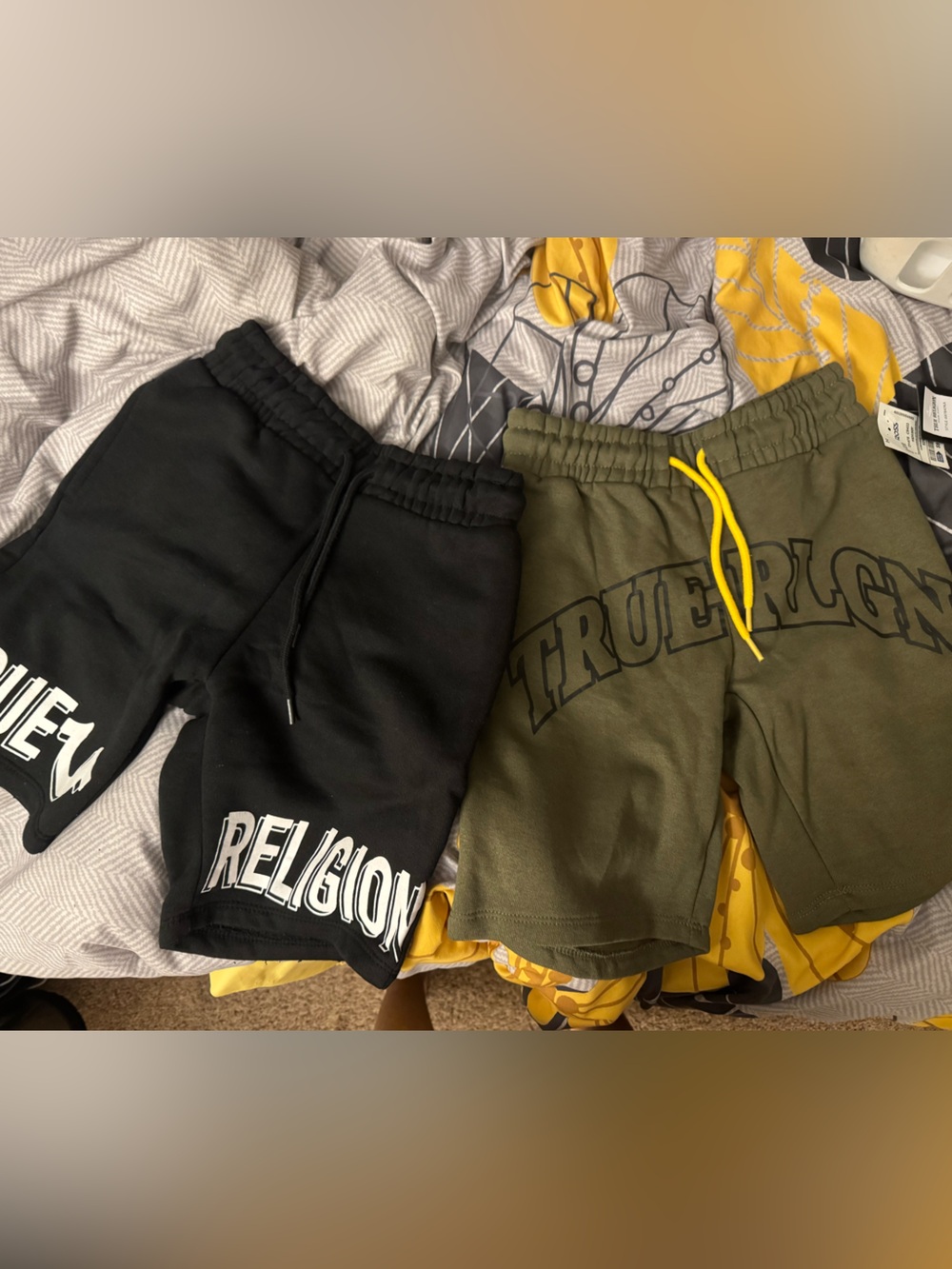 True Religion Kids Black and Olive Green Logo Shorts with Yellow Drawstring
